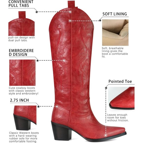 ⚡Women's Red Suede Embroidered Cowgirl Knee High Boot Pointed Toe Chunky Heel - Picture 2 of 5
